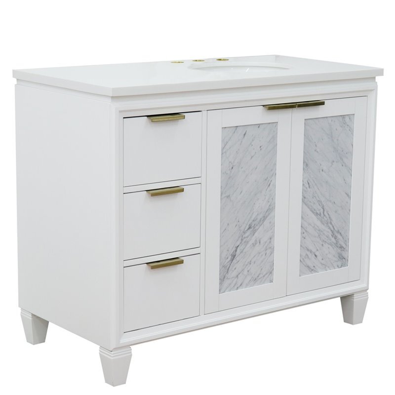 Trento 43″ Solid Wood Vanity with Right Oval Sink in White Quartz Stone