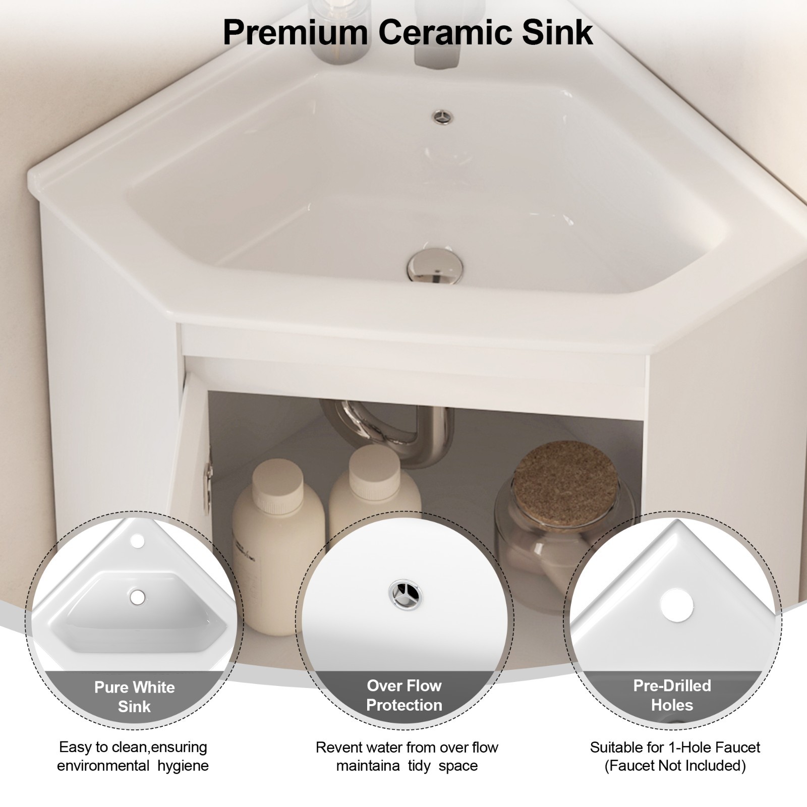 24″ Corner Bathroom Vanity Sink Cabinet Wall Mount Floating for Small Bathroom