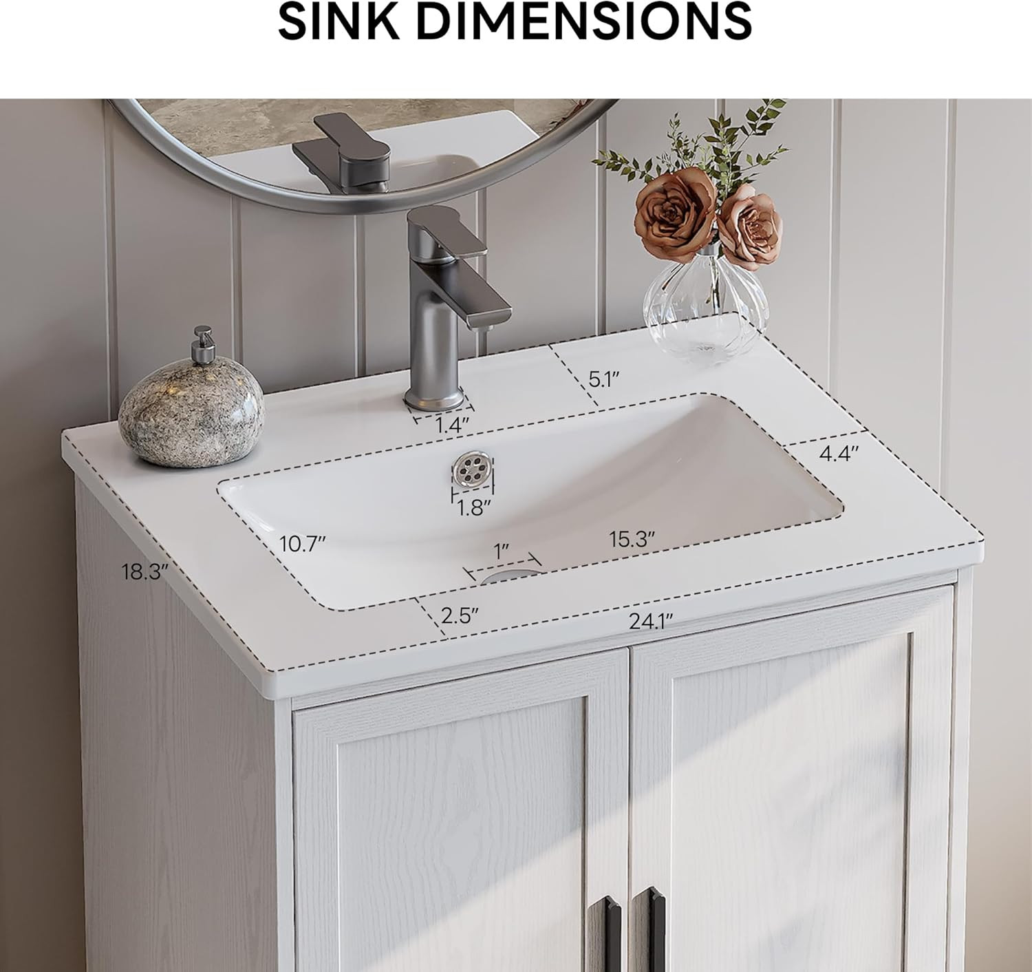 LIKIMIO 24″ Bathroom Vanity with Ceramic Sink, 2 Doors 1 Drawer, Solid Wood Legs
