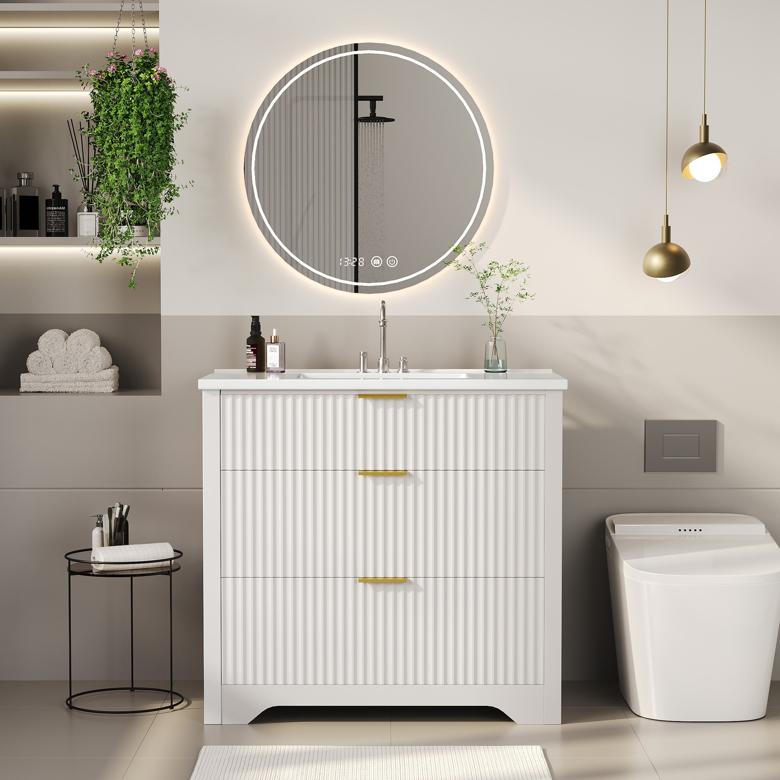 36” Fluted Bathroom Vanity Modern Freestanding Cabinet with Sink & 3 Drawers