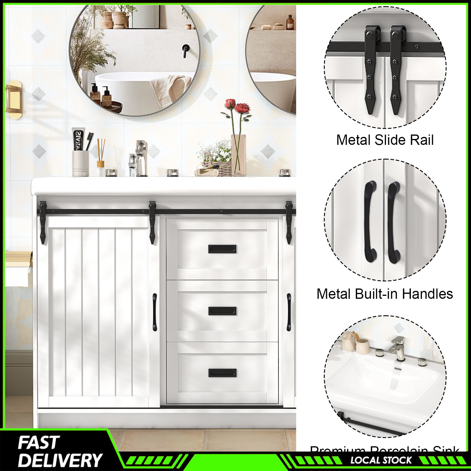 Modern 47″ White Bathroom Vanity Double Ceramic Sinks 2 Drawers 2 Sliding Doors