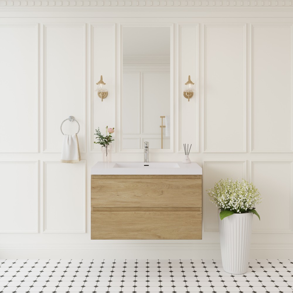 36″ Floating Vanity with Sink, Soft Close Drawers, Natural Oak Wall Cabinet