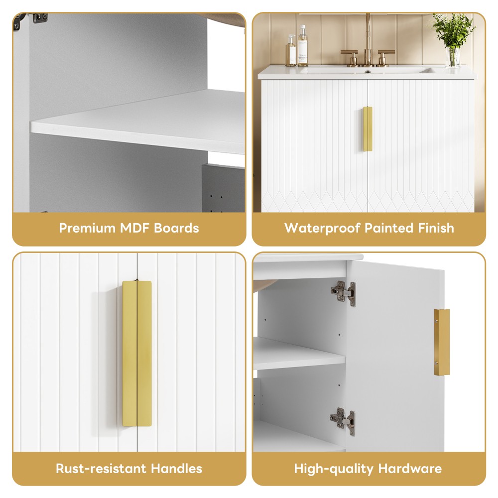 Bathroom Vanity W Ceramic Sink Three-Hole Mounting Features Two Soft-Close Doors