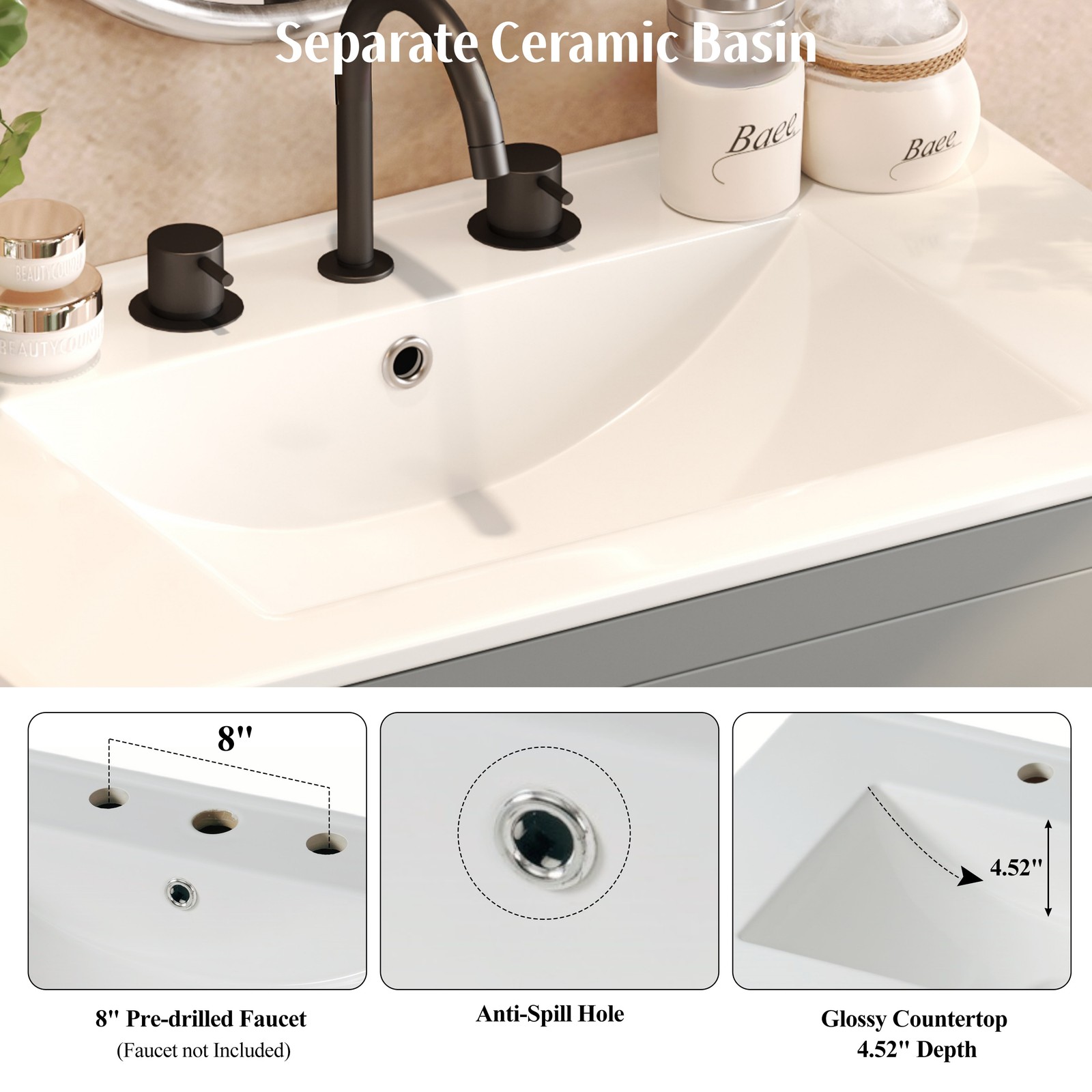 30″ Bathroom Vanity with Ceramic Sink & 2 Drawers, Gray