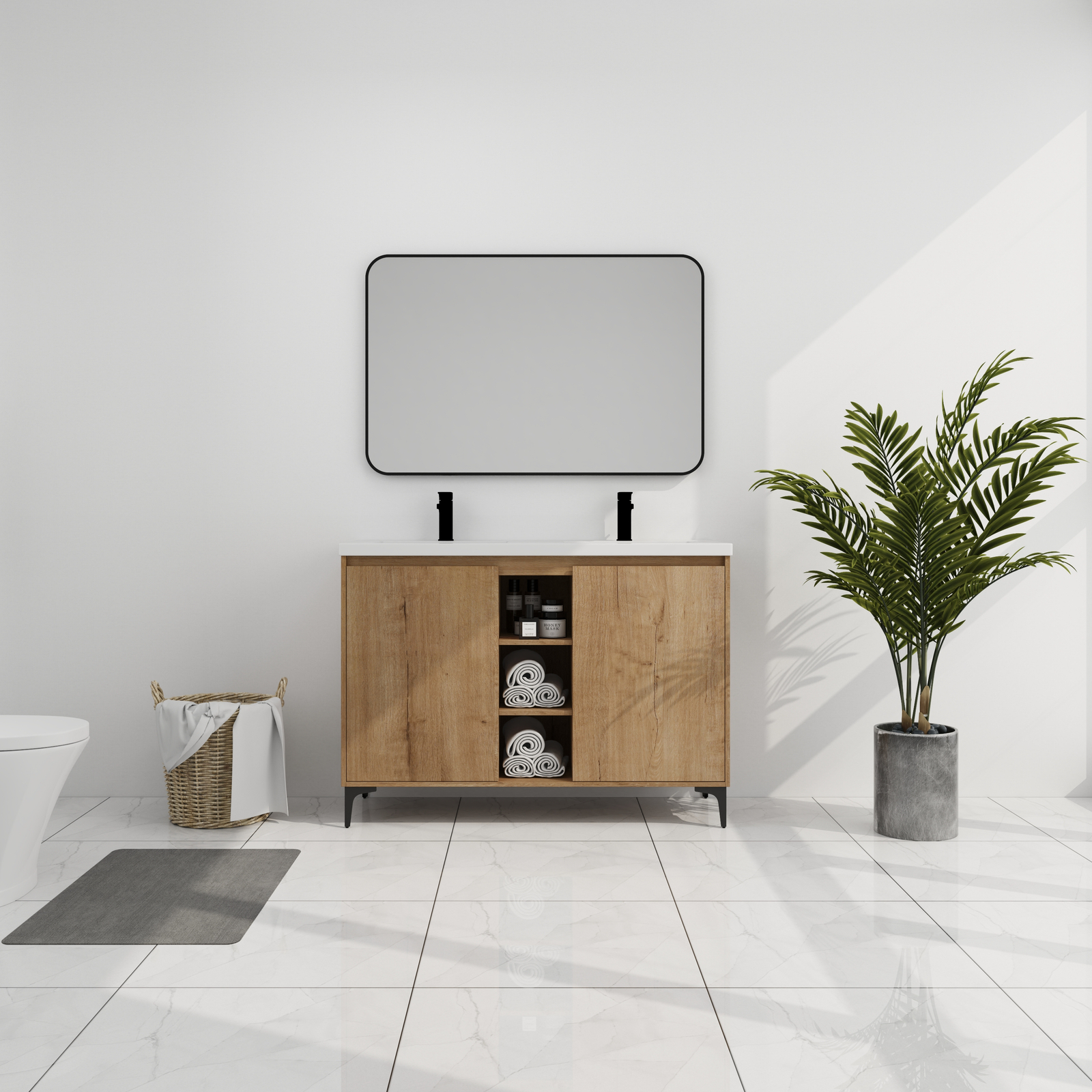 48inch Plywood Free Standing Bathroom Vanity With Double Sink W/ Shelf and Doors