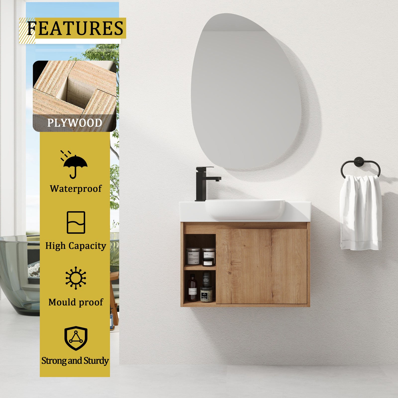 26in Plywood Freestanding Bathroom Vanity W/ Ceramic Sink Basin Door Shelf Oak