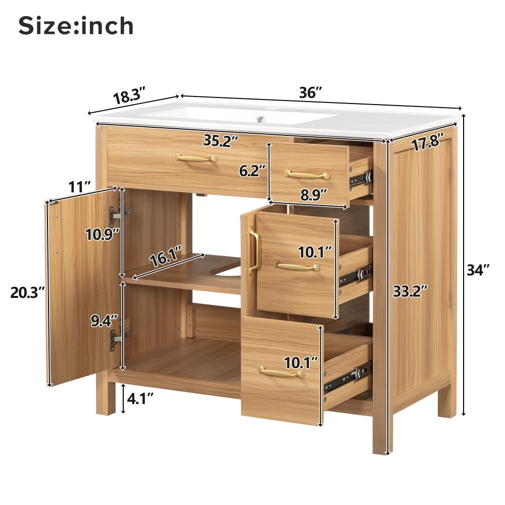 36 Inch Wood Bathroom Vanity with Ceramic Sink, Soft Close Doors & Drawers