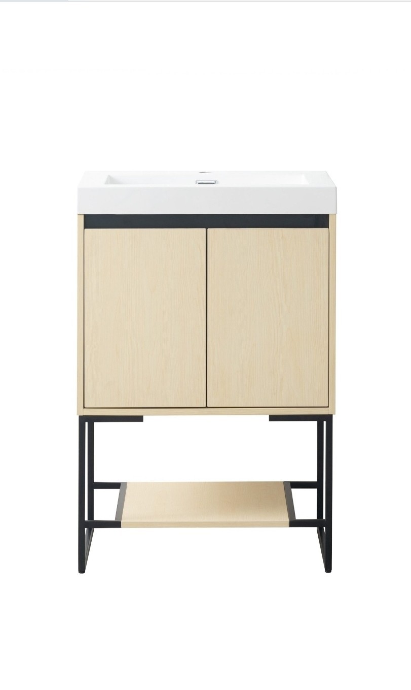 Modern Freestanding Bathroom Vanity Single Sink Light Wood Black Metal Shelf