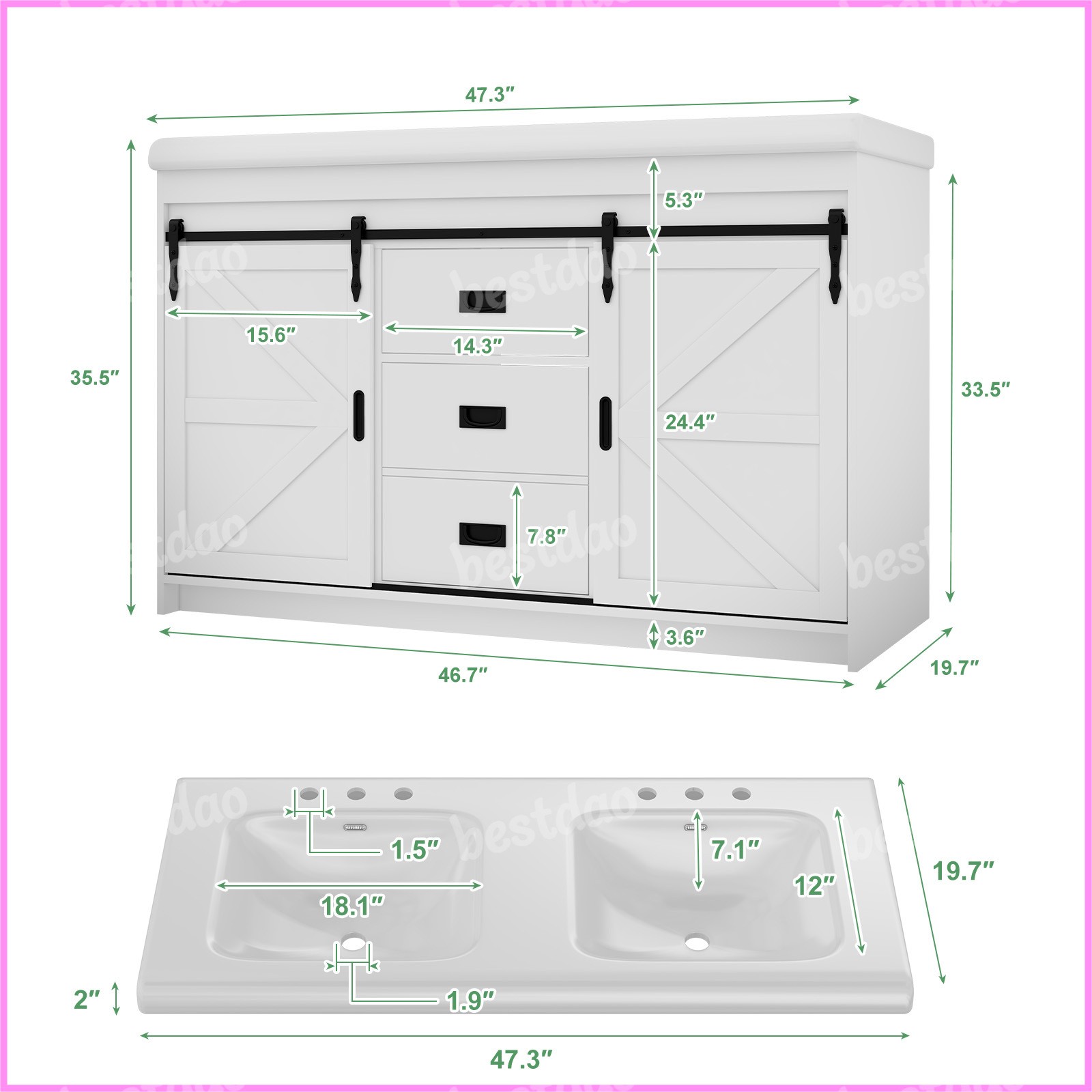 Freestanding Bathroom Vanity with Double Sink 47” Bathroom Vanity w/ 2 Drawers