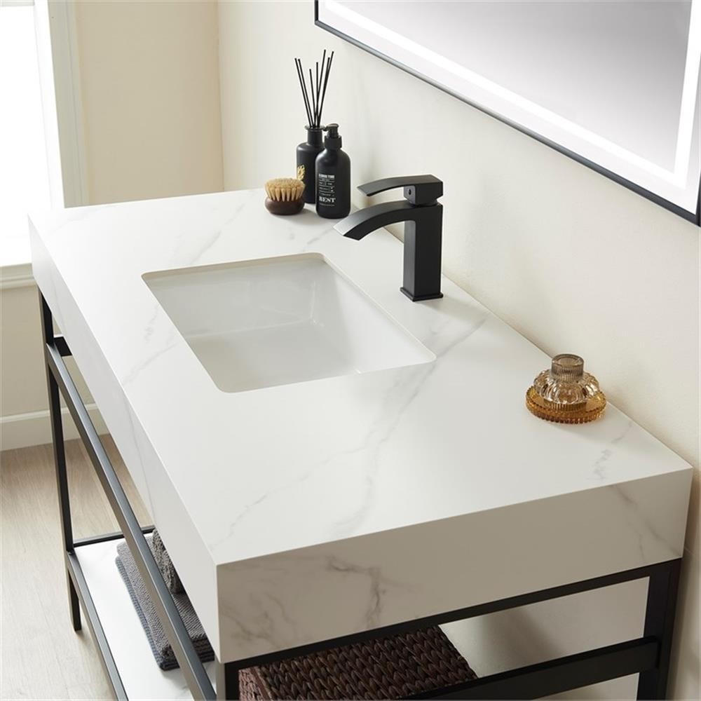 Funes 48″ Single Sink Bathroom Vanity in Matte Black Frame White Top w/ Mirror