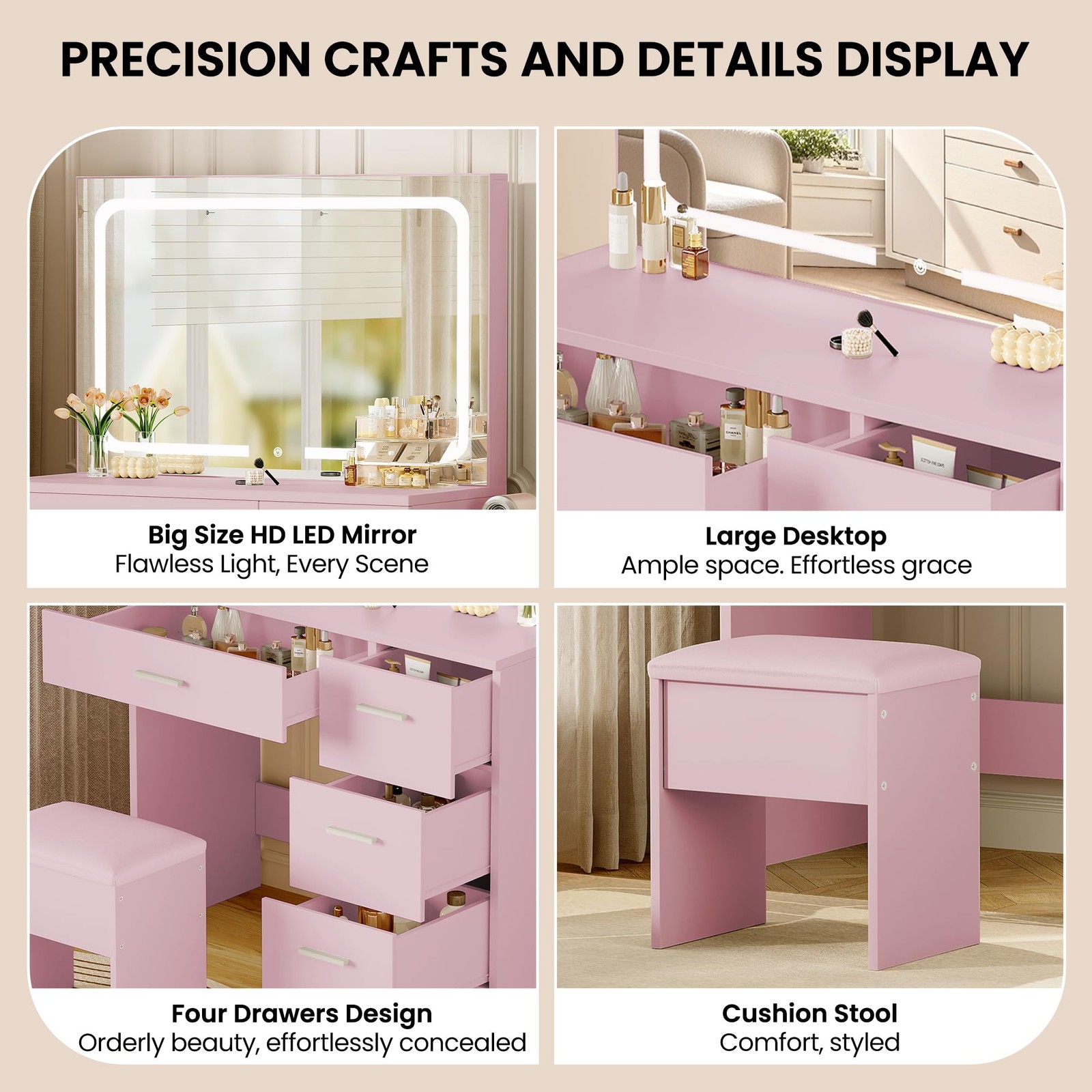Vanity Set with Mirror Power Outlet Vanity Table Bedroom Pink