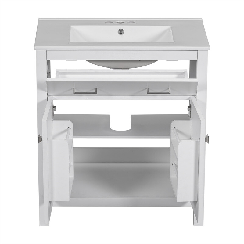 30-inch White Bathroom Vanity w/Ceramic Sink,Soft Close Doors & Flip-out Drawer