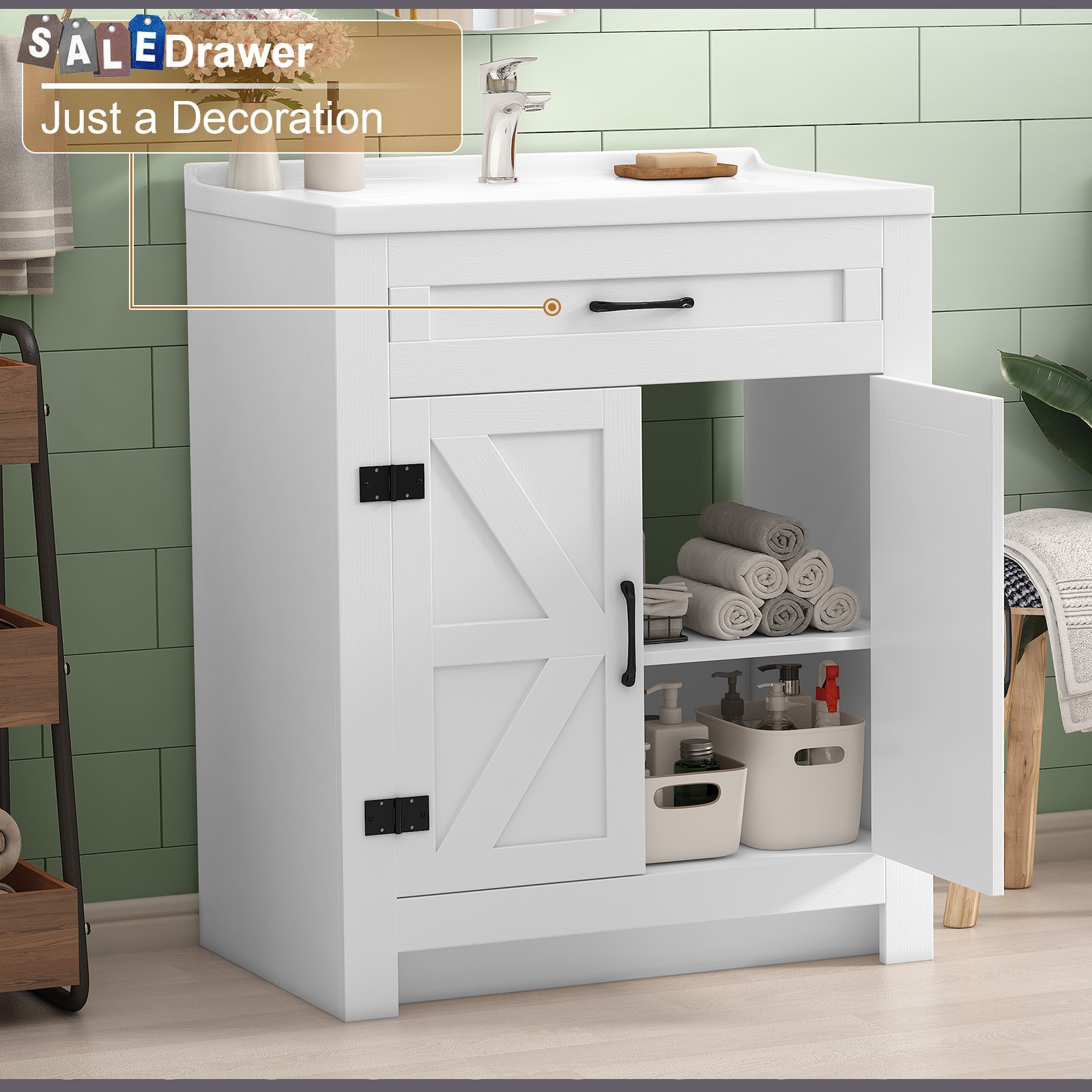 31″ Bathroom Vanity Freestanding Ceramic Sink Cabinet with Storage and Drawer