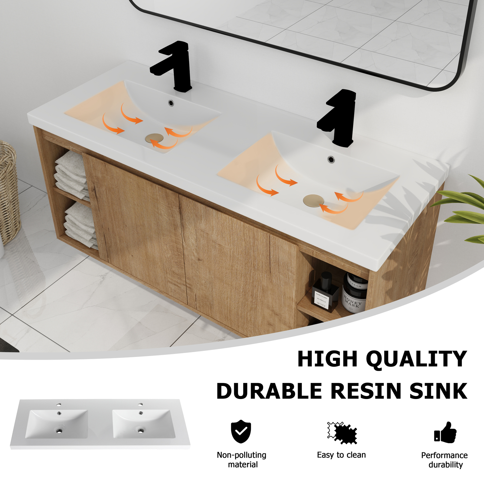 48inch Wood Wall Mounted Foating Bathroom Vanity W/ Double Sink +Shelf and Doors