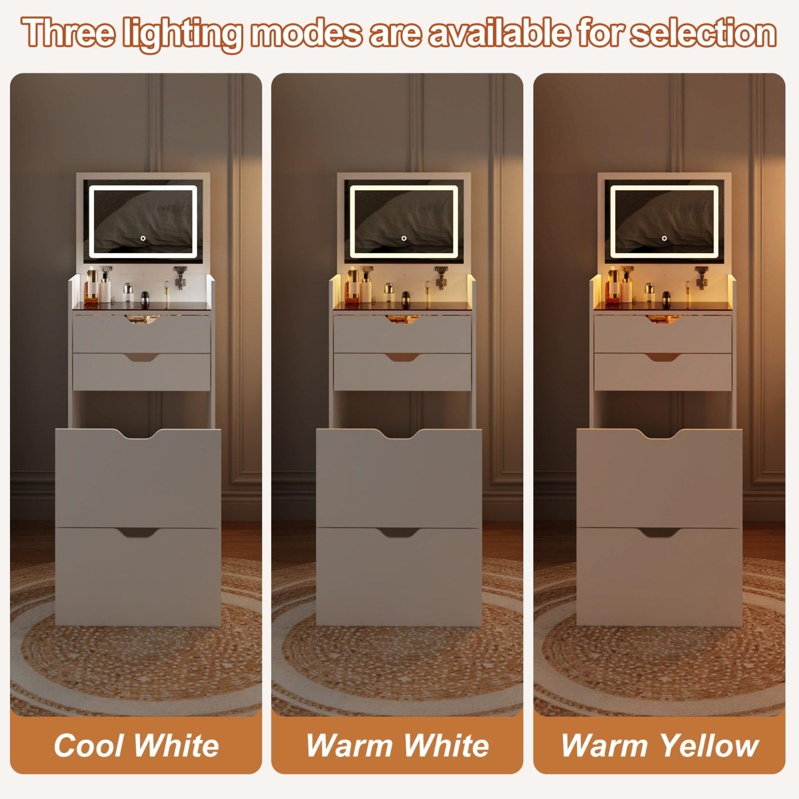 3-in-1 Vanity Desk Set with Mirror Stool LED Lights Drawers Hidden Storage White