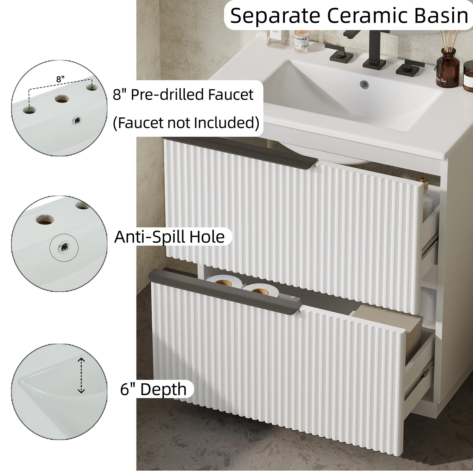 30″ Bathroom Vanity with Ceramic Sink & Soft Close Drawers, White