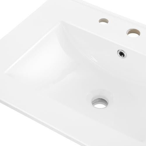 Classic Contemporary 24″ Rectangular Ceramic Sink Basin Vanity Top – White, 3-Ho