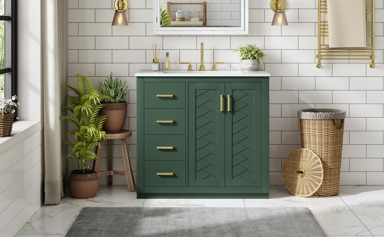 36″ Bathroom Vanity with Ceramic Sink, Solid Wood Frame, 3 Drawers
