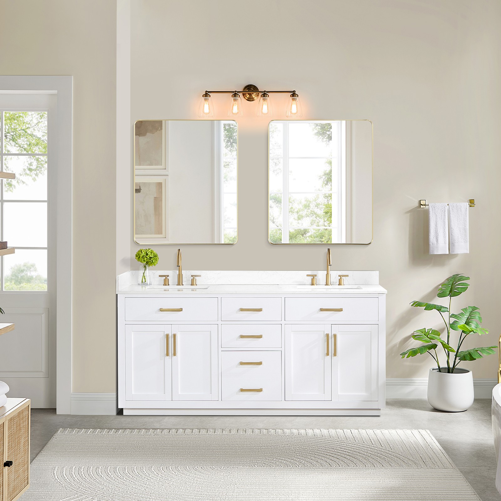 Gavino 72″ Wood Vanity in White with Grain White Composite Stone Top no Mirror