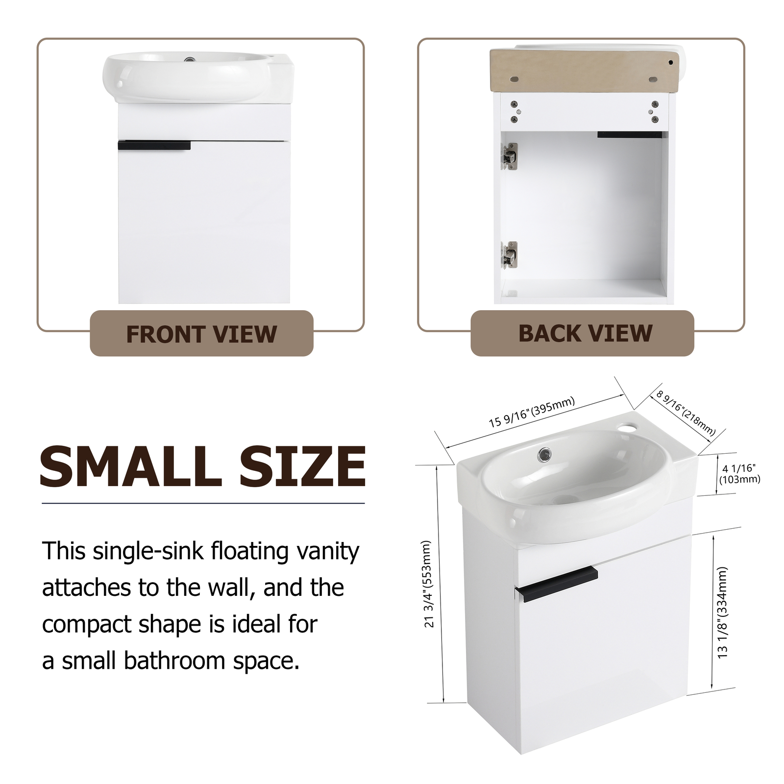 16″ Wood Floating Wall Mounted Bathroom Vanity +Round Sink for Small Space White