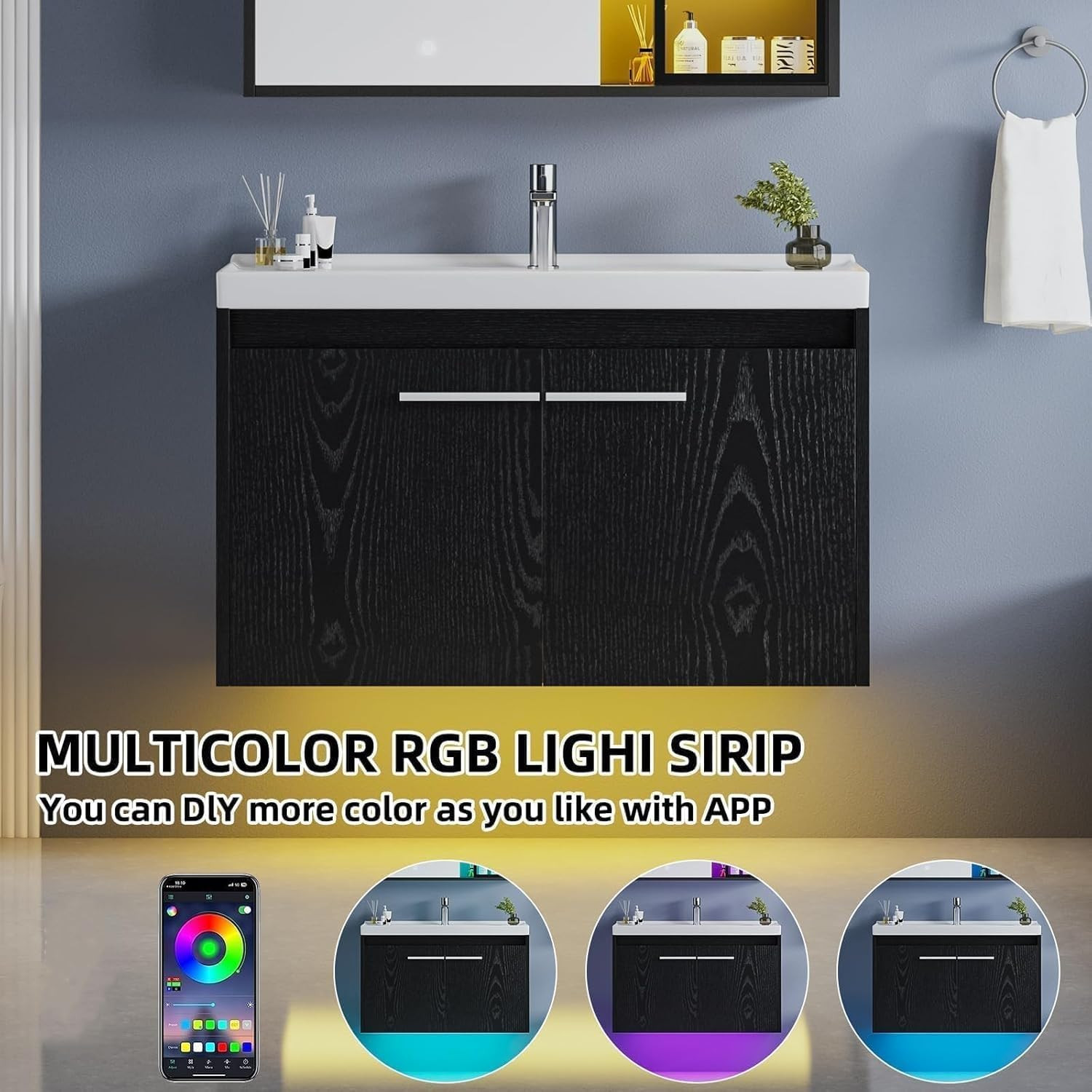 31″ Floating Bathroom Vanity with Sink, Modern Black Bathroom Vanity with LED Li