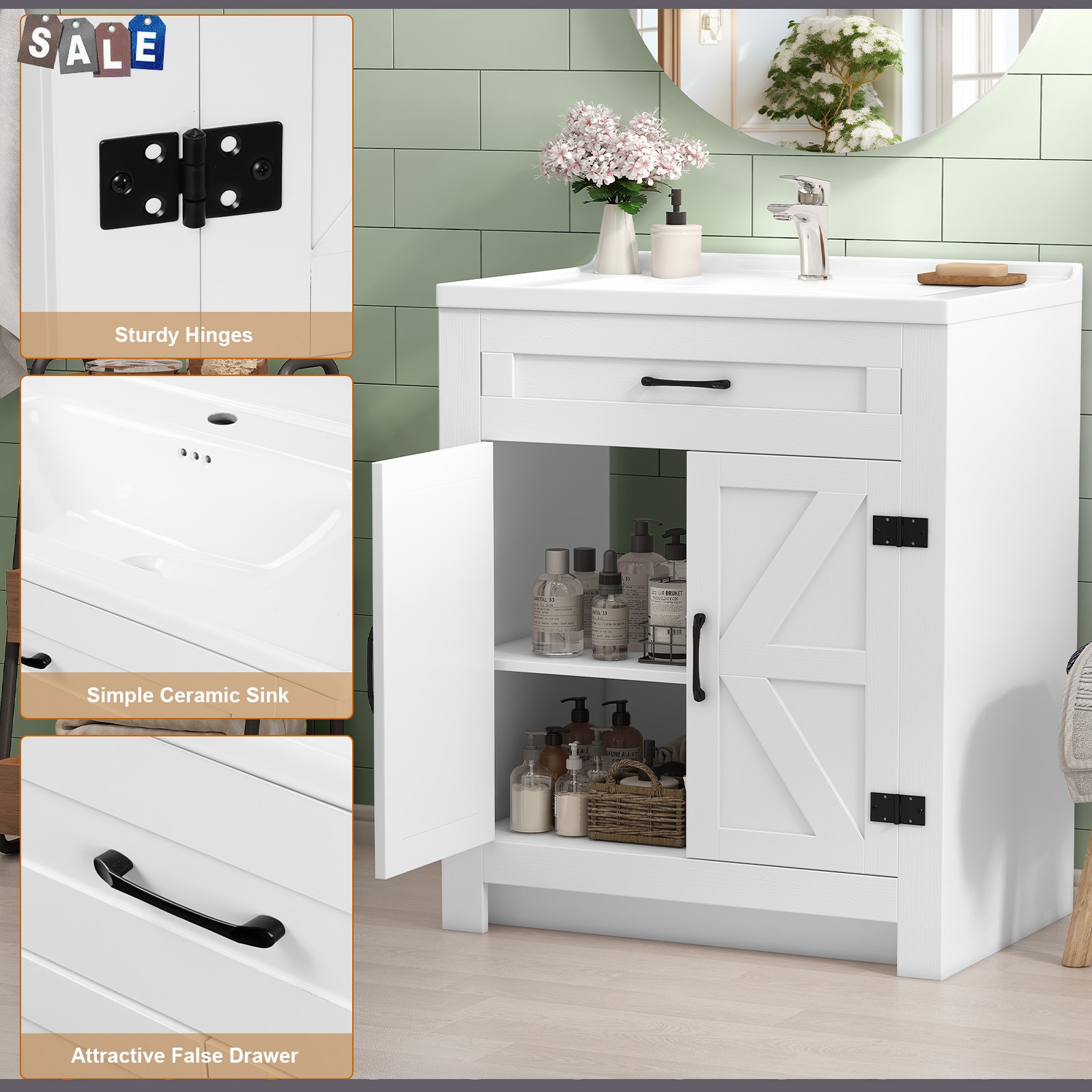 31″ Bathroom Vanity Freestanding Ceramic Sink Cabinet with Storage and Drawer