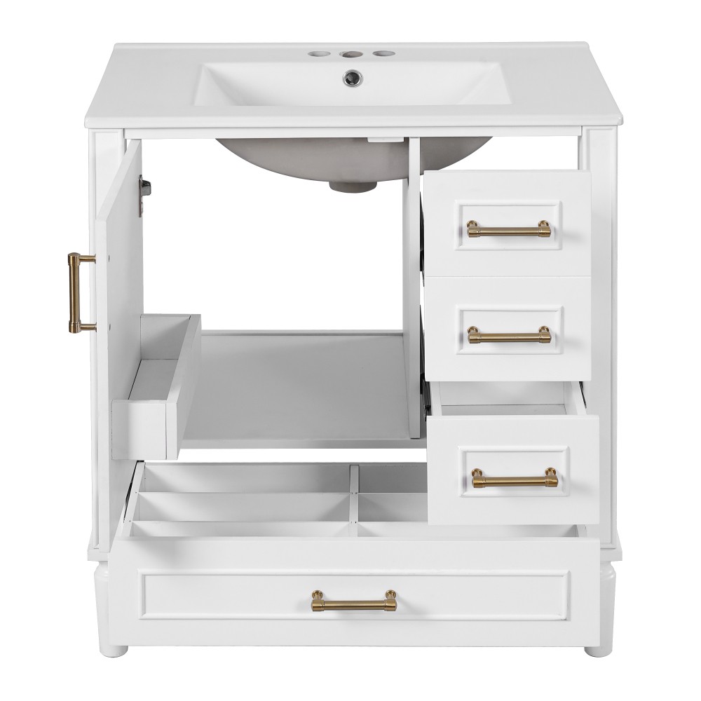 30″ Solid Wood Bathroom Vanity Ceramic Sink Soft Close Door Bath Storage Cabinet