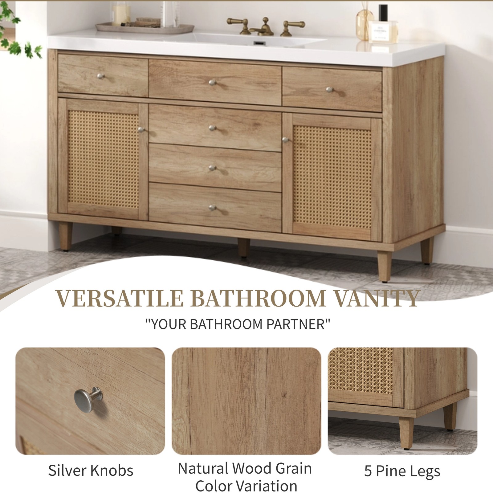 60″ Wooden Bathroom Vanity Cabinet with SMC Sink Storage Drawers Rattan Doors