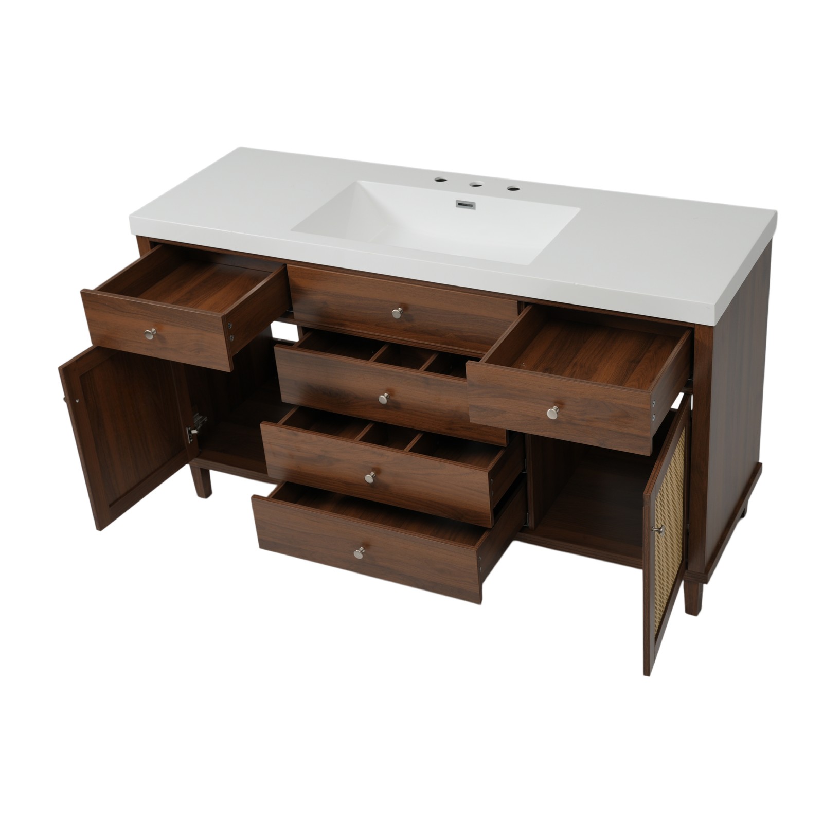 60″ Bathroom Vanity with SMC Sink, Brown, Soft Close Drawers & Rattan Doors
