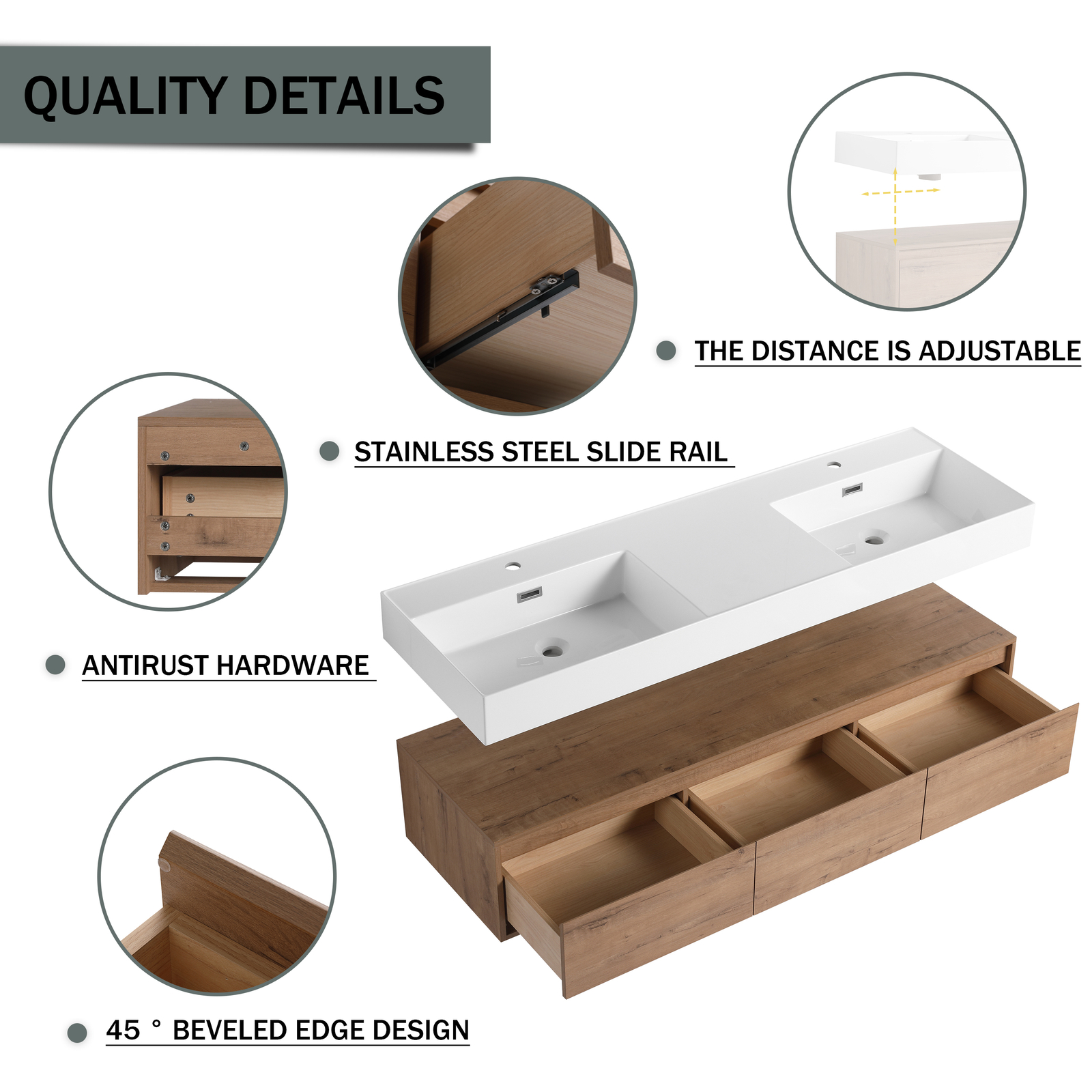 60″ Wood Floating Wall Mounted Bathroom Vanity with Double Resin Sink +3Drawers