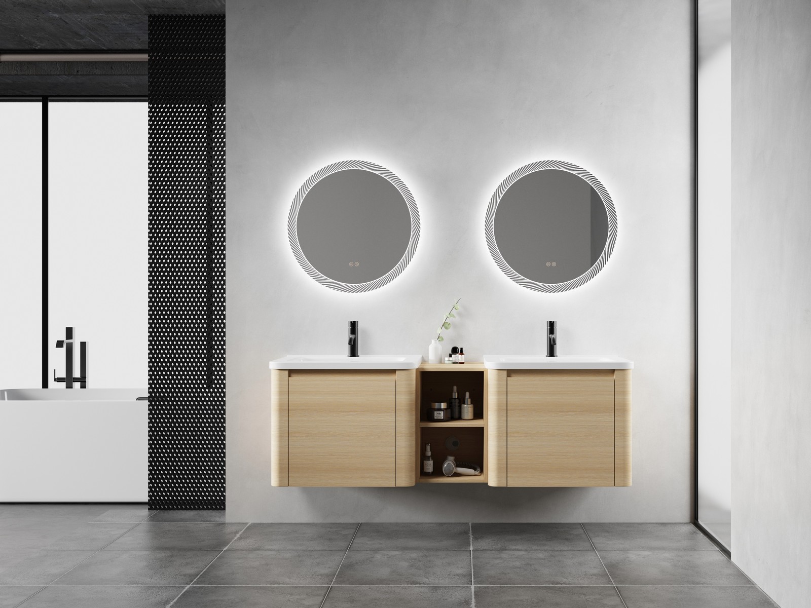 60in Plywood Wall-Mounted Bathroom Vanity W/ 2x White Ceramic Sink and Shelves