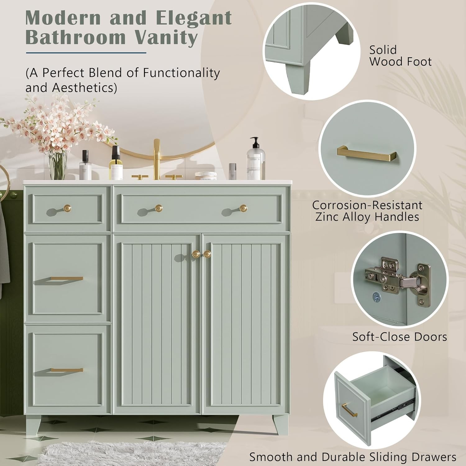 36-inch Green Bathroom Vanity Transitional Style Bathroom Cabinet W/ Ceramic