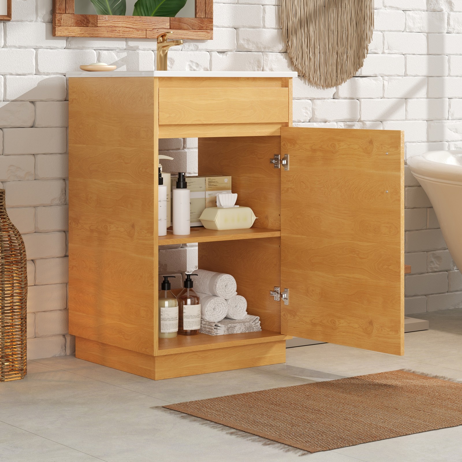 20″ Bathroom Vanity w/Ceramic Sink,Farmhouse Storage Cabinet w/Soft Closing Door