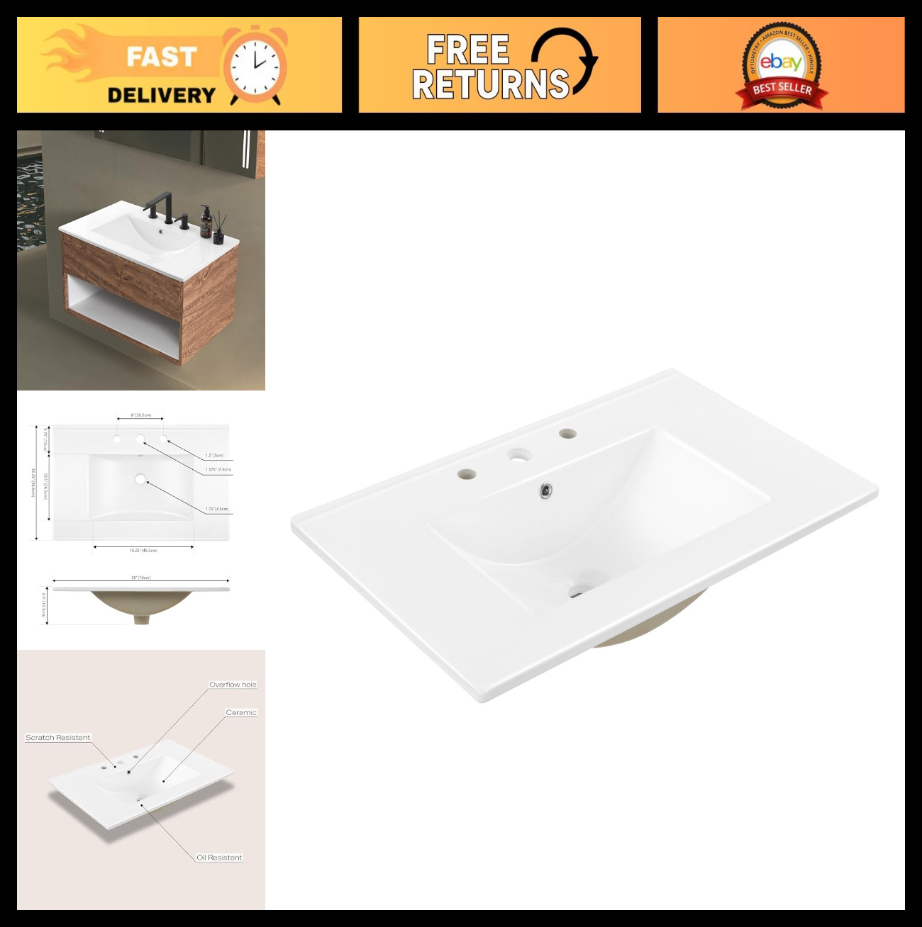 Classic Contemporary 30″ Rectangular Ceramic Vanity Top – 3-Hole Sink Basin, Whi