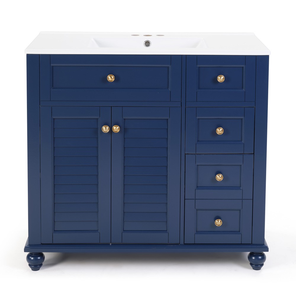 36″ Blue Bathroom Vanity with Ceramic Sink, Soft-Close Drawers, Solid Wood Frame
