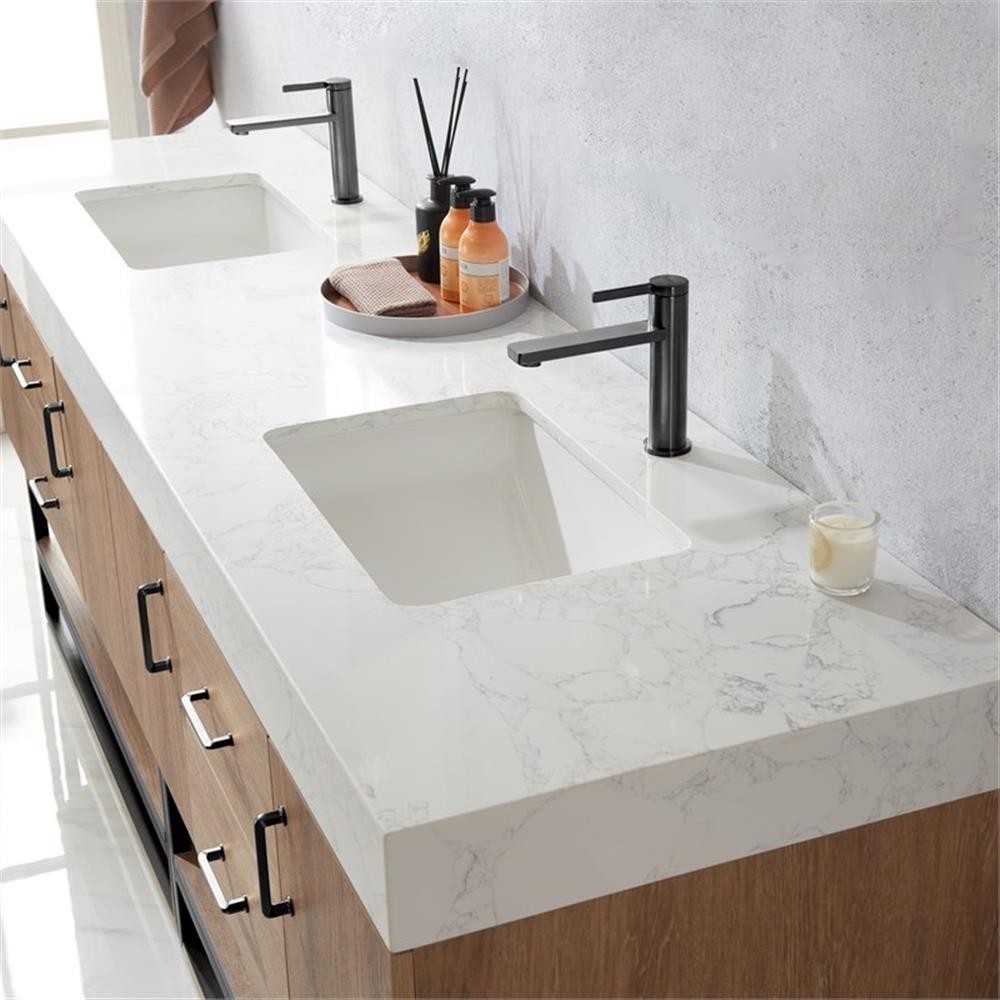 Pemberly Row 84″ White Stone Top Oak Double Vanity Black Frame w/o Mirror