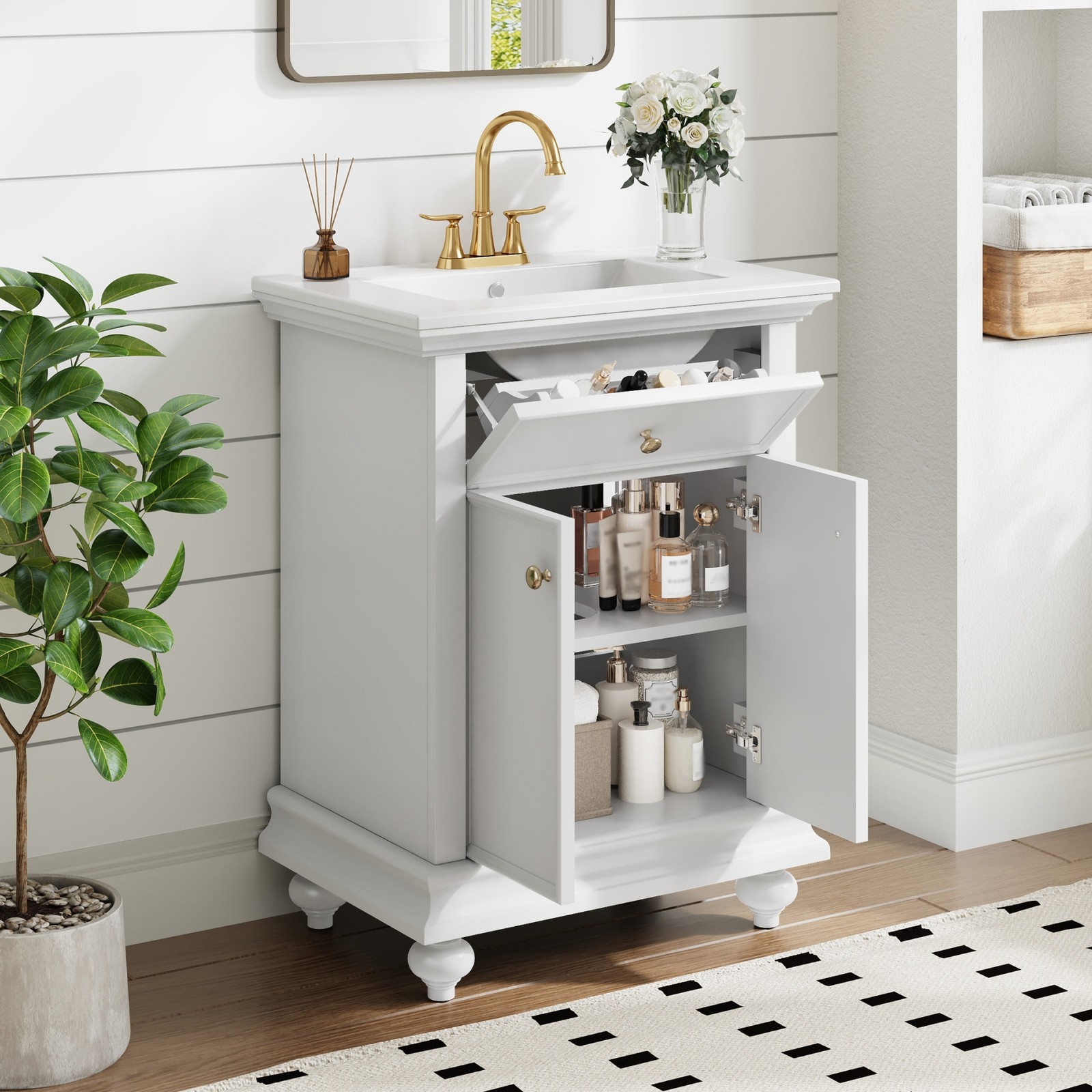 24″ Modern Bathroom Vanity with A Tip-Out Drawer & Soft-Close Hinges White