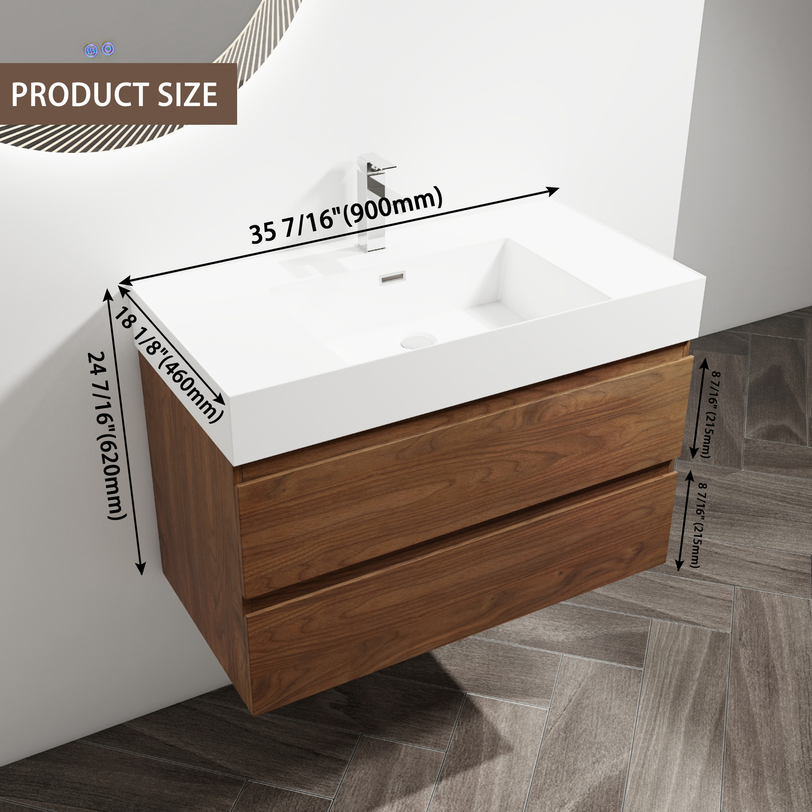 36 inch Bathroom Vanity Wall Mounted W/ Undermount Resin Sink + 2 Drawers Brown