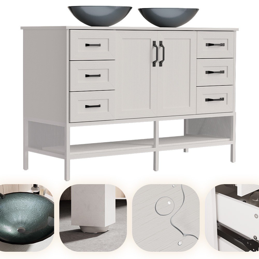 48″ Modern Bathroom Vanity w/ Double Vessel Sink, Bathroom Vanity Cabinet White