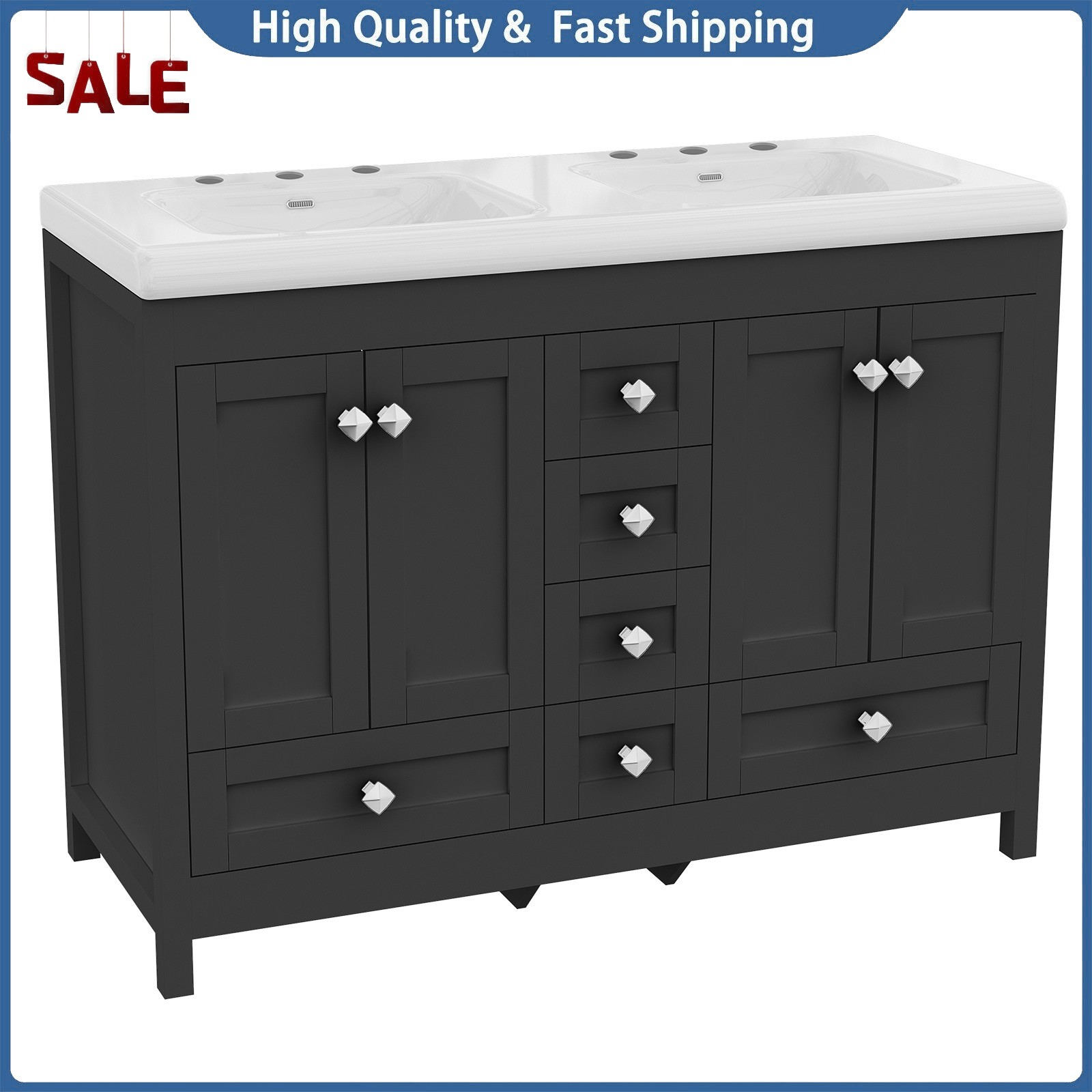 Bathroom Vanity Freestanding Double Basin Ceramic Sink Vanity Cabinet w/ Drawers
