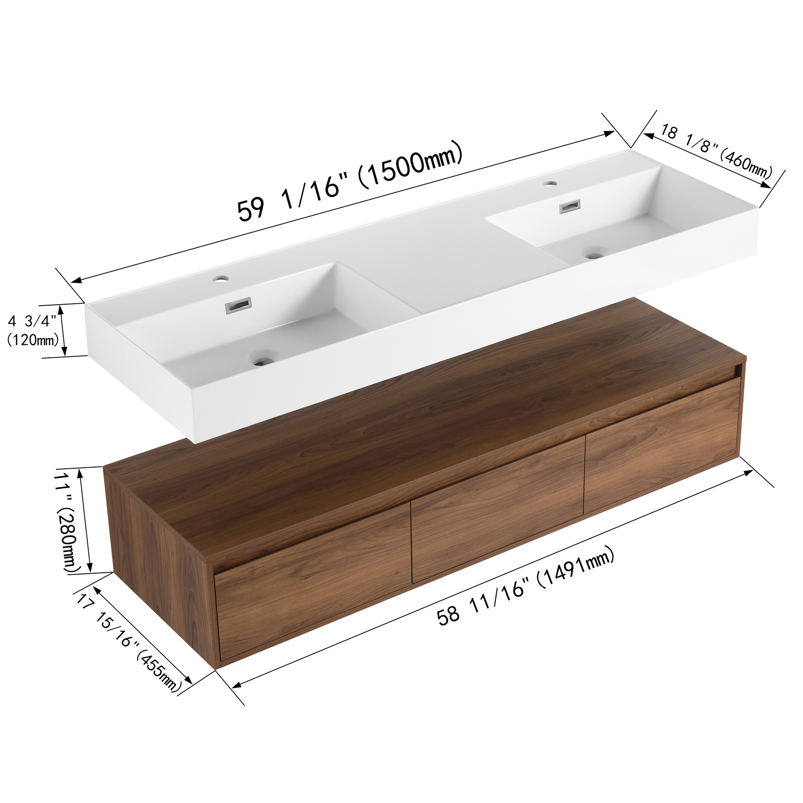 60 in Wooden Floating Wall-Mounted Bathroom Vanity W/Double Resin Sink Drawers
