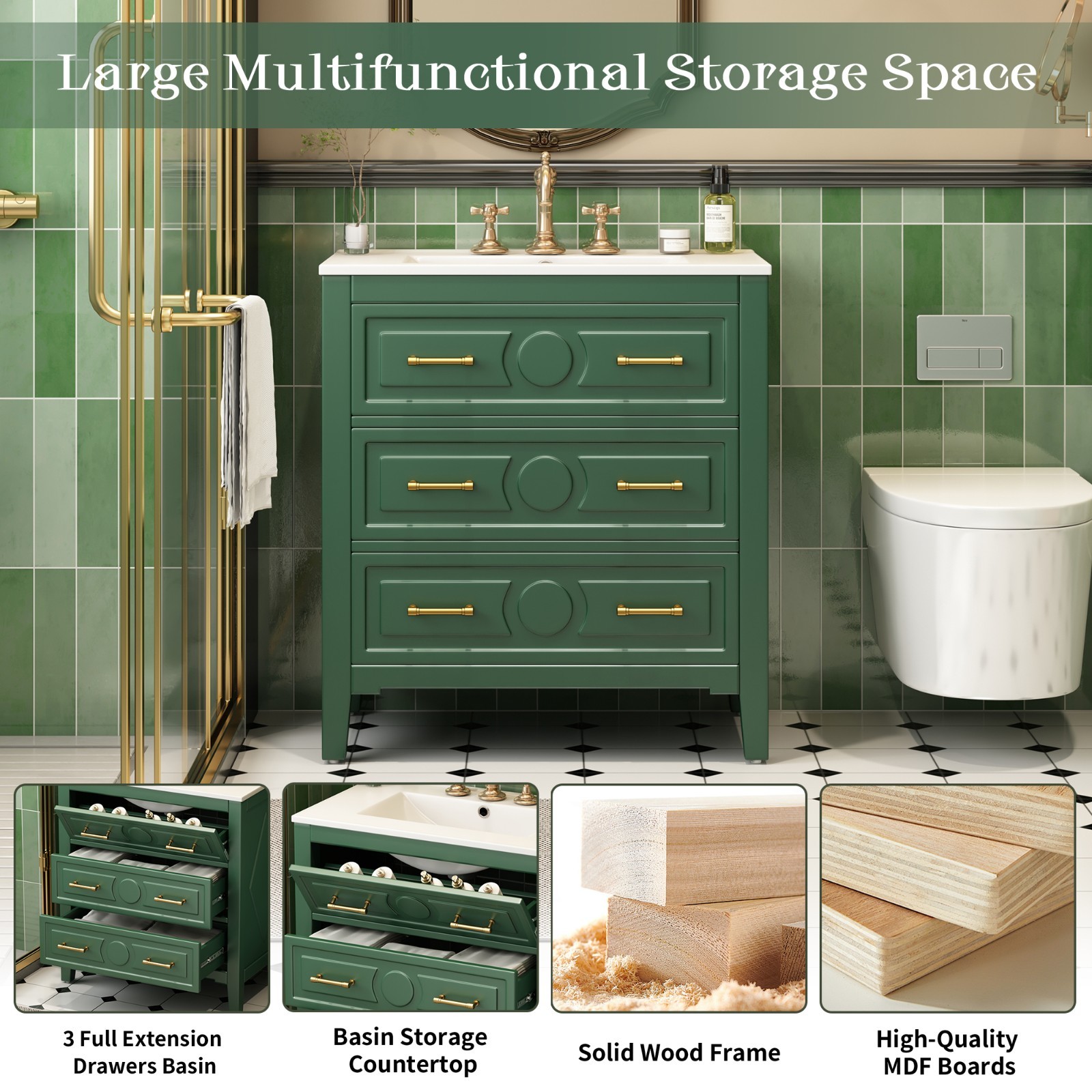 30″ Bathroom Vanity Storage Cabinet With Ceramic Sink 3 Drawers Gold Handles
