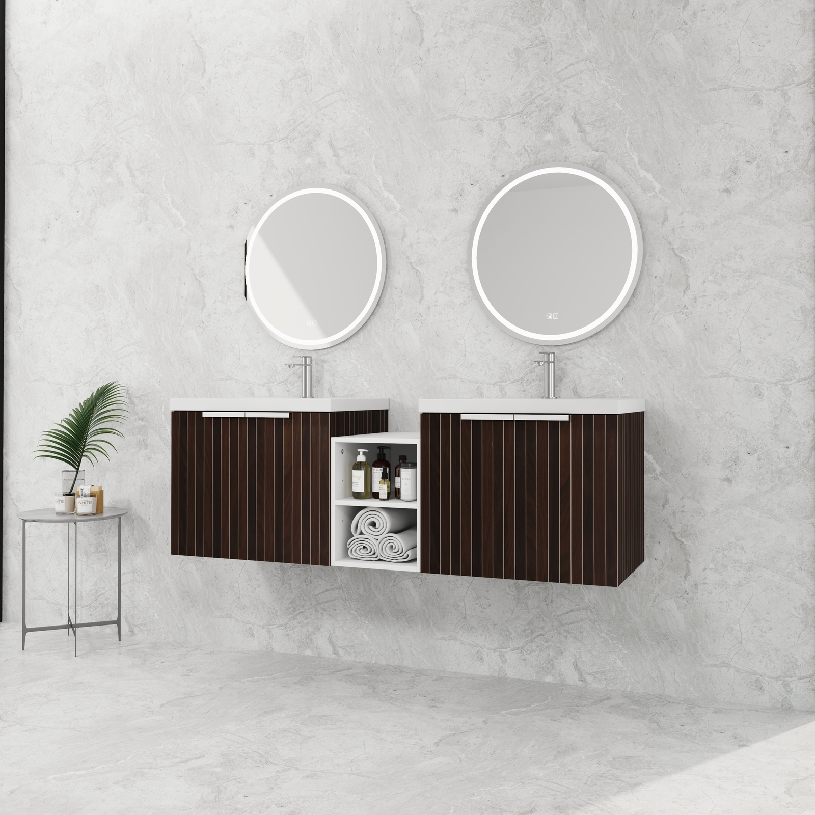 60″ Wooden Floating Bathroom Vanity with Dual Sink Basin Doors /Storage Shelves