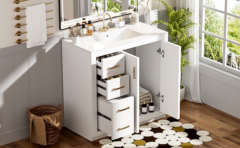 36″ Bathroom Vanity with Ceramic Sink, Solid Wood Frame, 3 Drawers & Doors