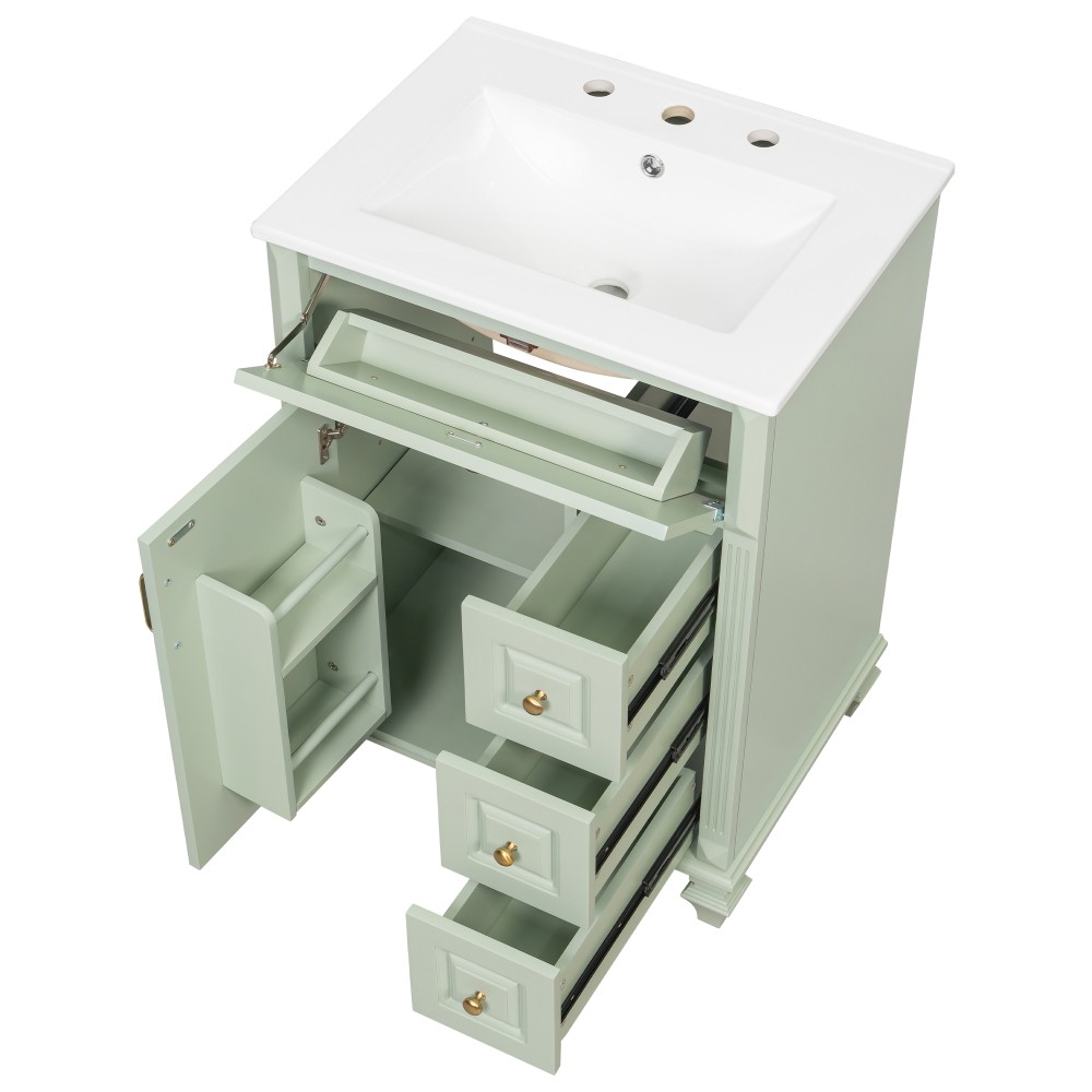 24″ Freestanding Vanity with Ceramic Sink & 3 Drawers, Solid Wood & MDF, Green