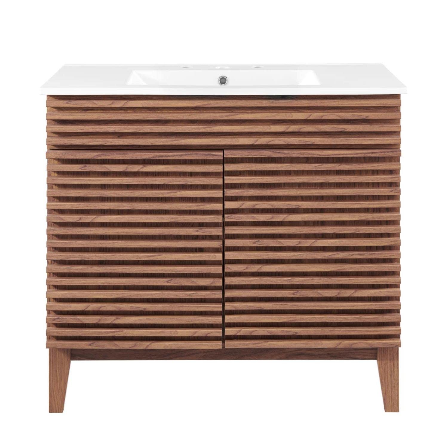 Modway Render 36″ Modern Wood and Ceramic Bathroom Vanity in Walnut/White