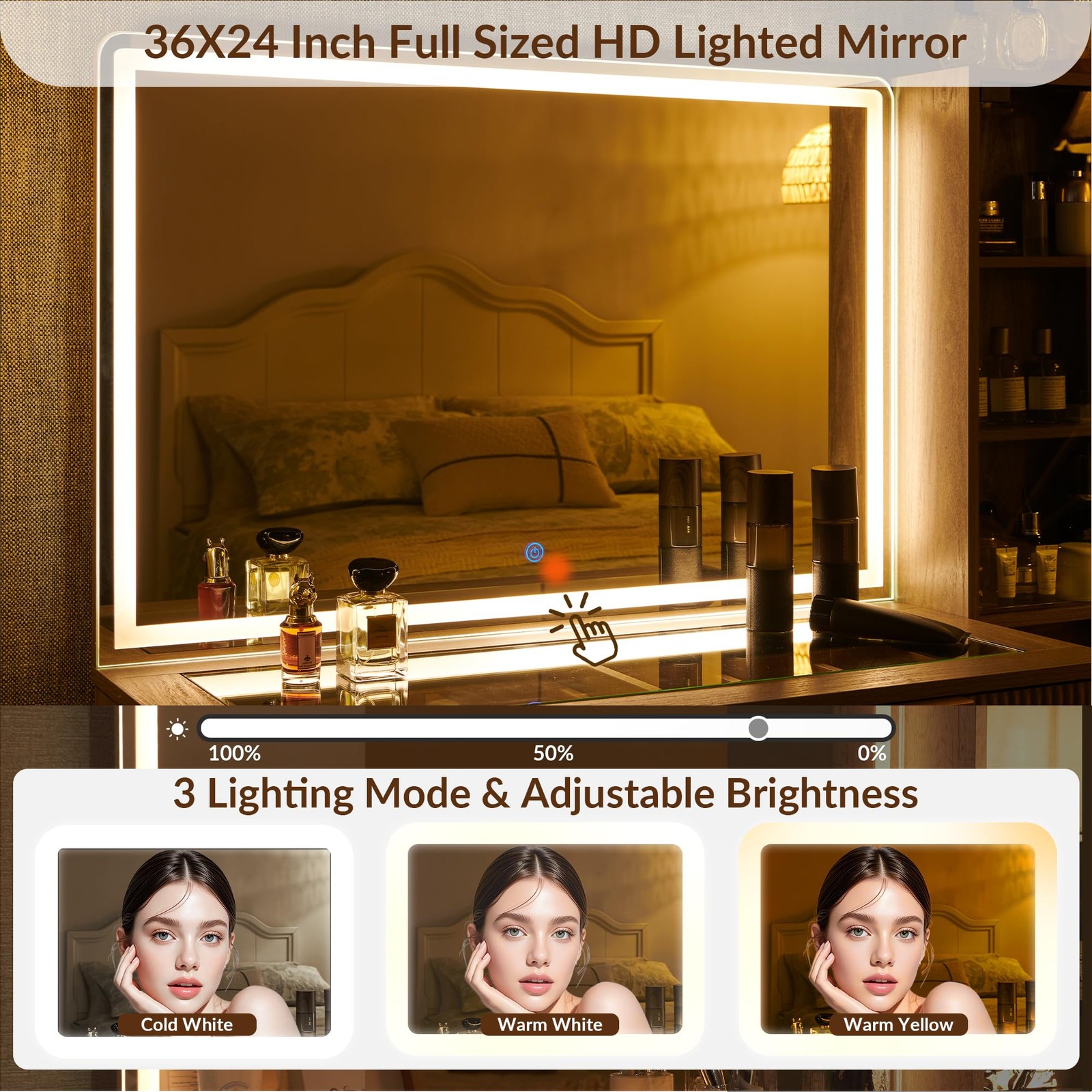 48″ Fluted Vanity Desk with 36″ Lighted Mirror 5 Drawers Charging