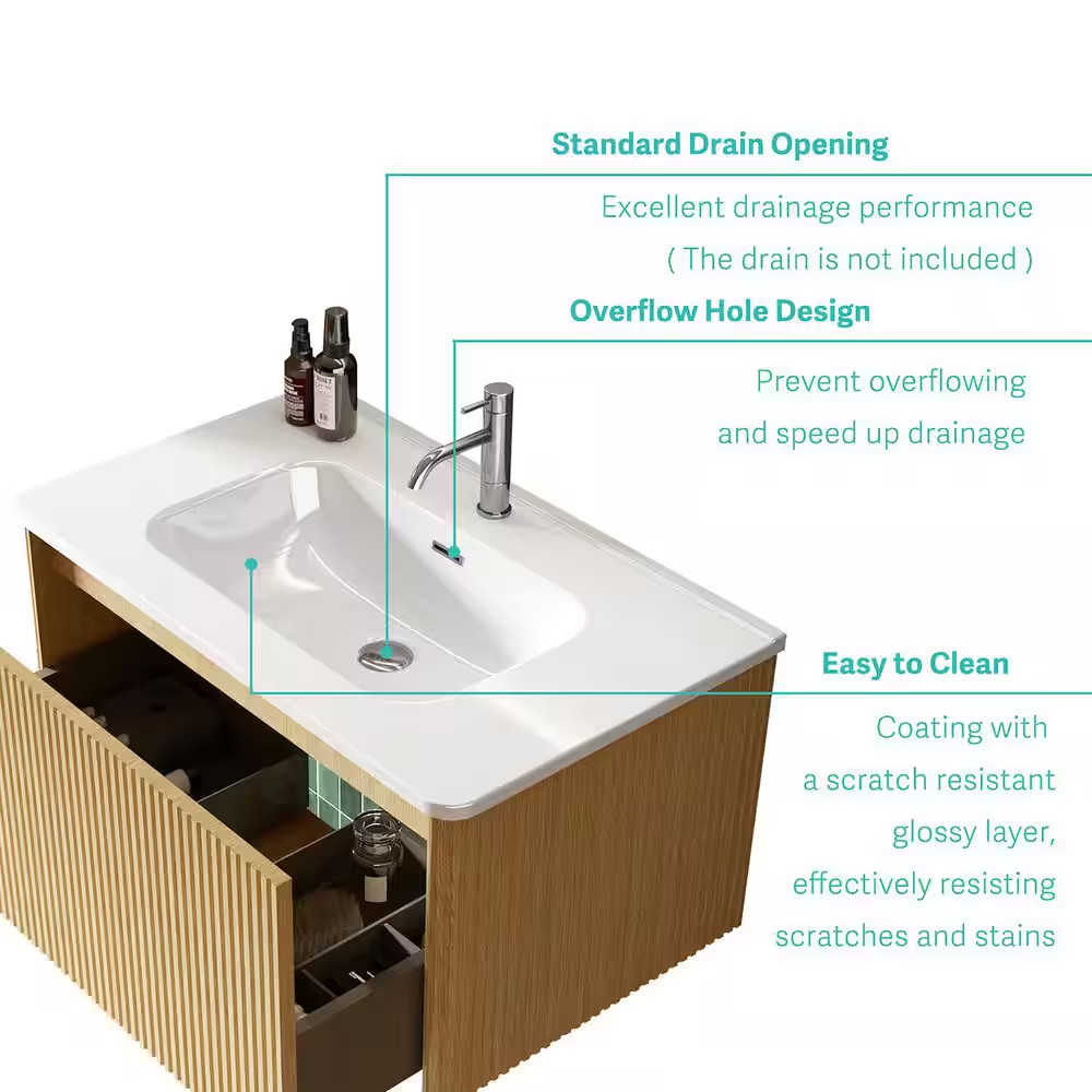 30 In. Drop-In Rectangular Bathroom Sink in Gloss White Ceramic Vanity Top