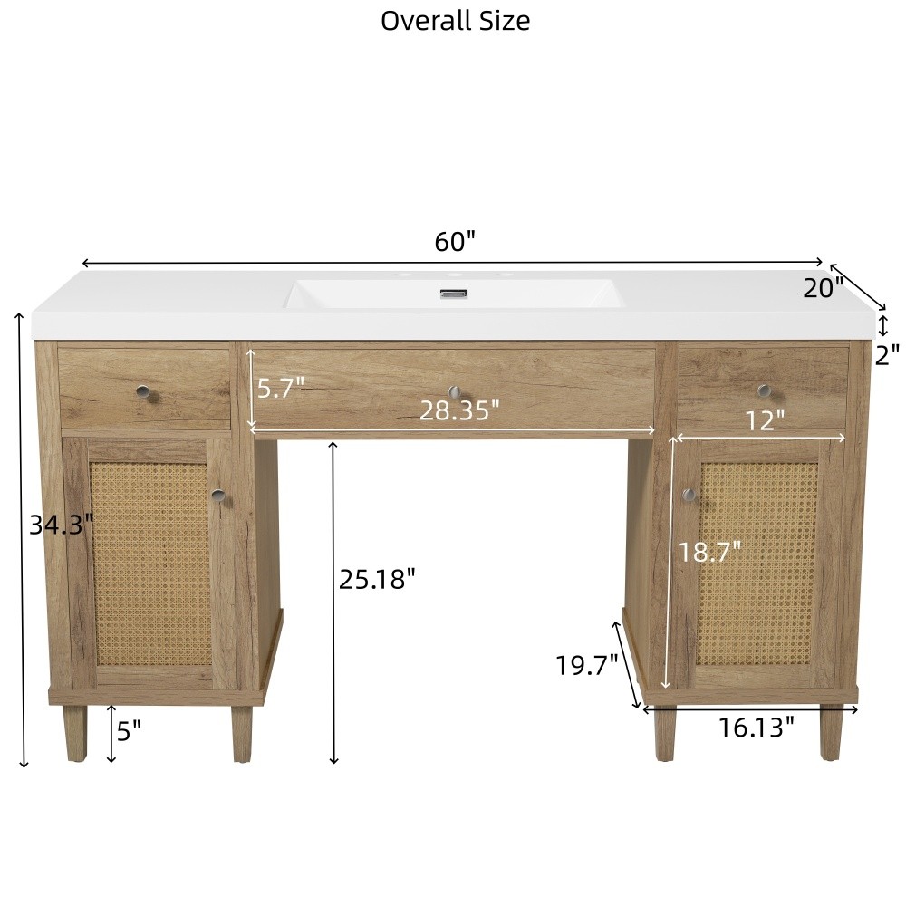 60 Inch Bathroom Vanity with SMC Sink, Modern Spacious Bathroom Storage Cabinet