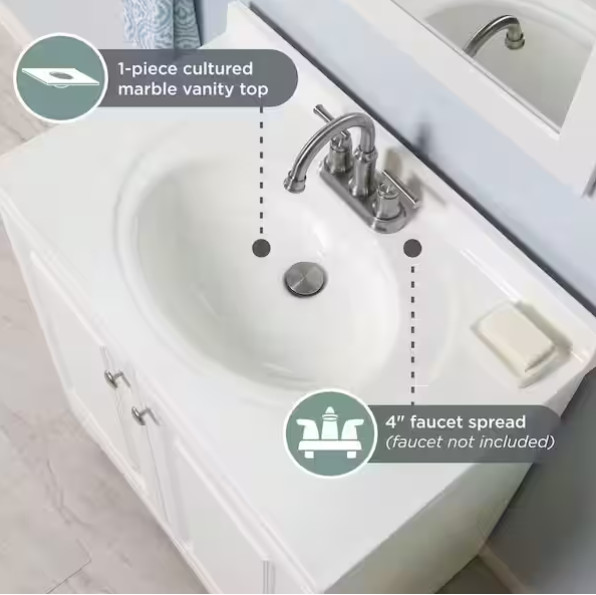 Glacier Bay 31″ Single-Sink Vanity – White with White Cultured Marble Top